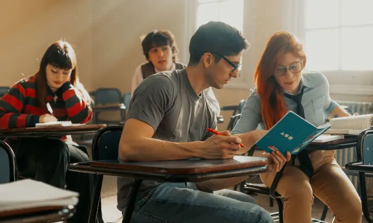 Étudiants travaillant ensemble en salle de classe, avec cahier et prise de notes.