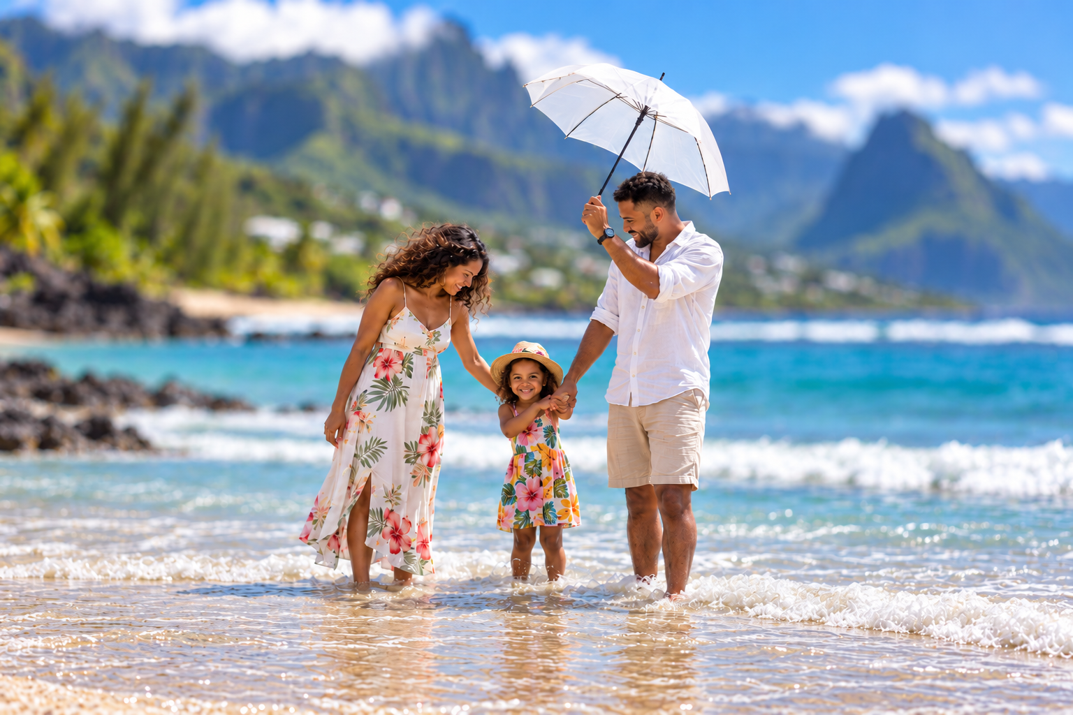 Famille avec enfant profitant d'une plage à La Réunion, les pieds dans l'eau, sous une ombrelle blanche, avec les montagnes en arrière-plan.